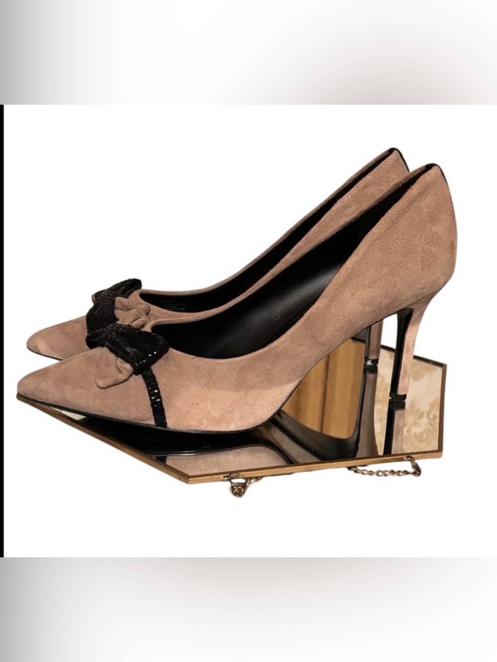 Karl Lagerfeld Taupe Suede Pointed-Toe Pumps with Black Bow Trim Size 9M